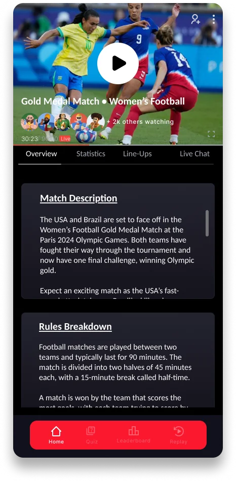 Companion app home screen with the live match, tabs for overview, statistics, line-ups and live chat, and a four-mode bottom bar