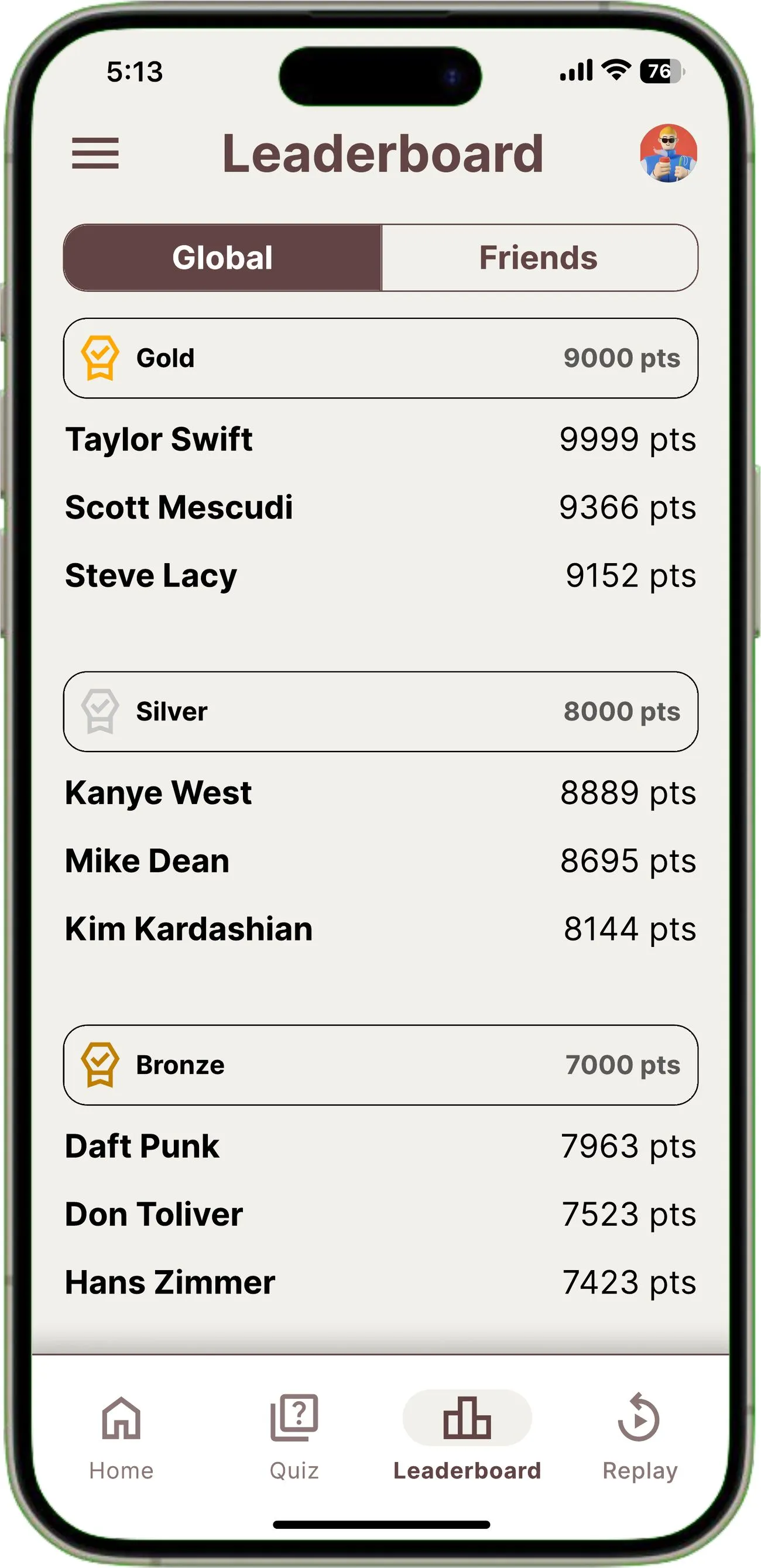 Earlier leaderboard screen