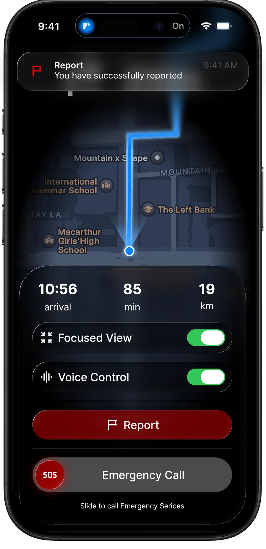 Redesigned navigation with a confirmation banner, view toggles and an SOS slider