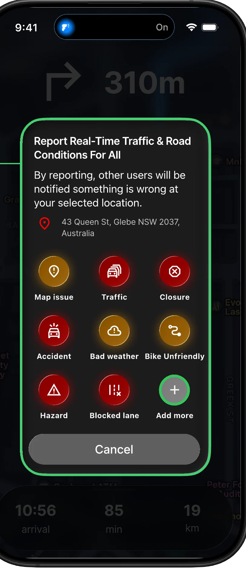 Redesigned hazard reporting with a grid of nine issue types