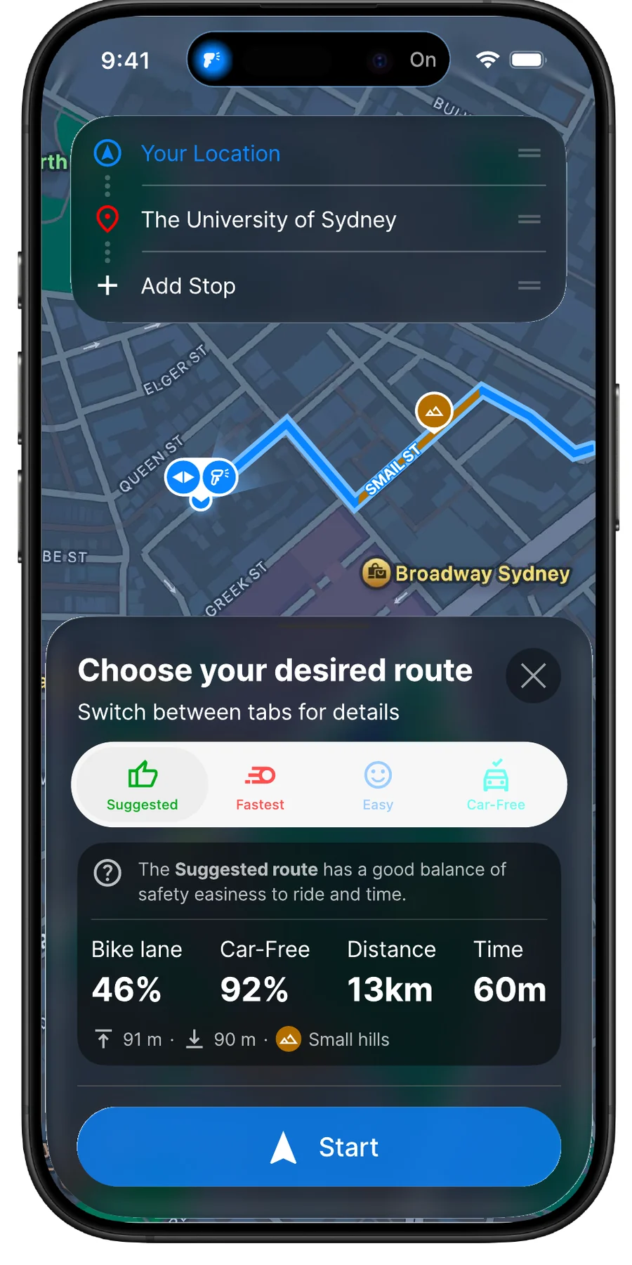 Redesigned route selection with a tab bar and four metrics