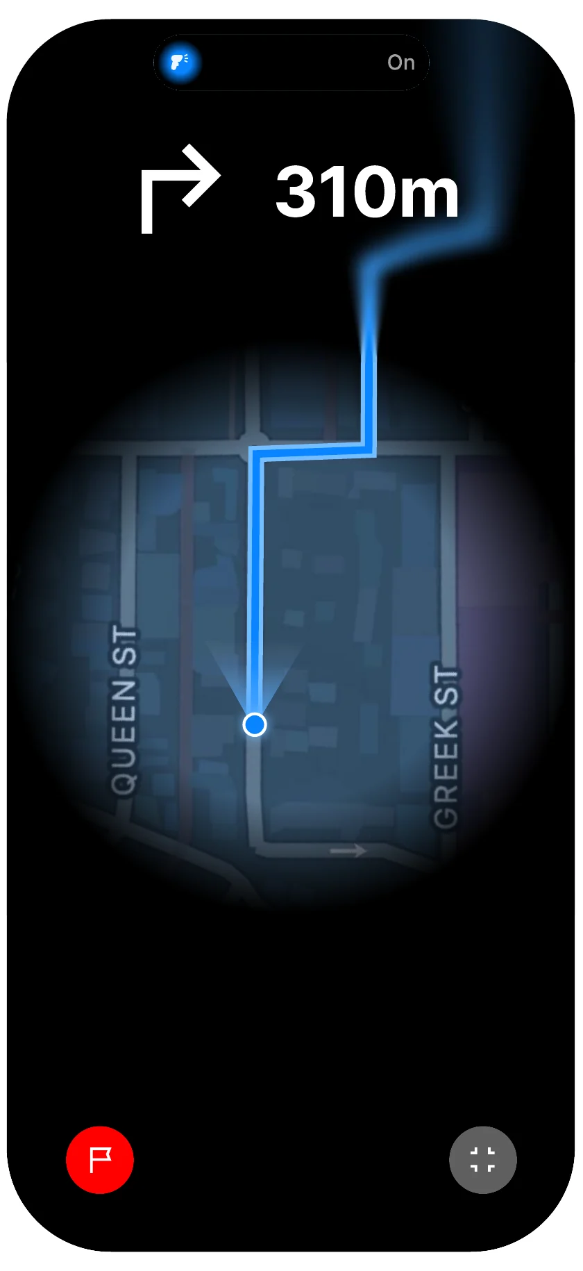 Original navigation screen with a masked map and a small flag icon