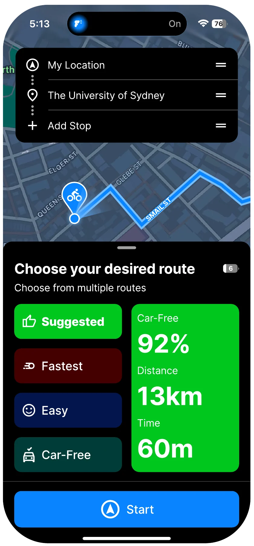 Original route selection with four stacked coloured buttons