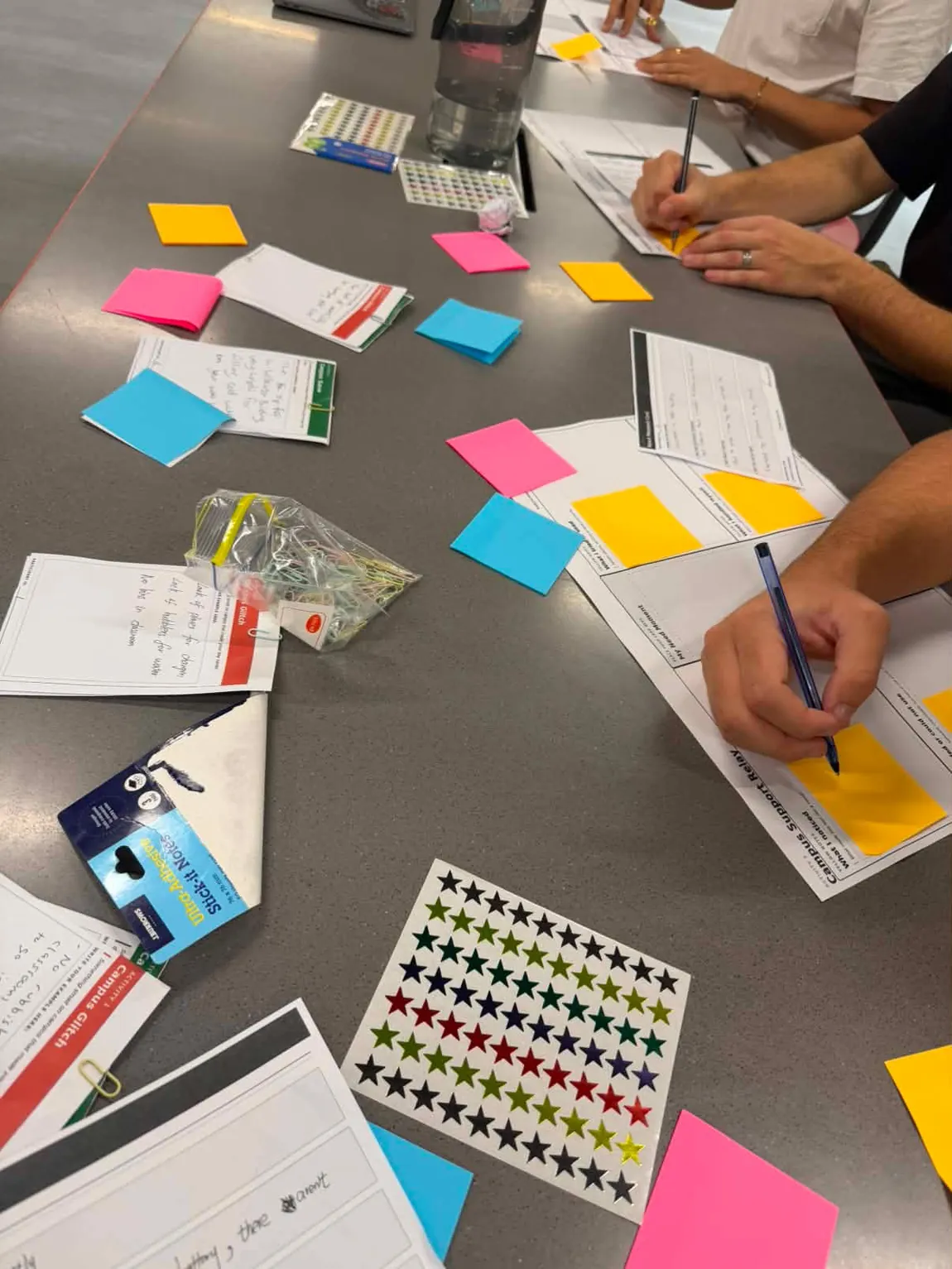 Workshop materials in use: a star sticker sheet, Campus Glitch cards and a Campus Support Relay sheet being filled in