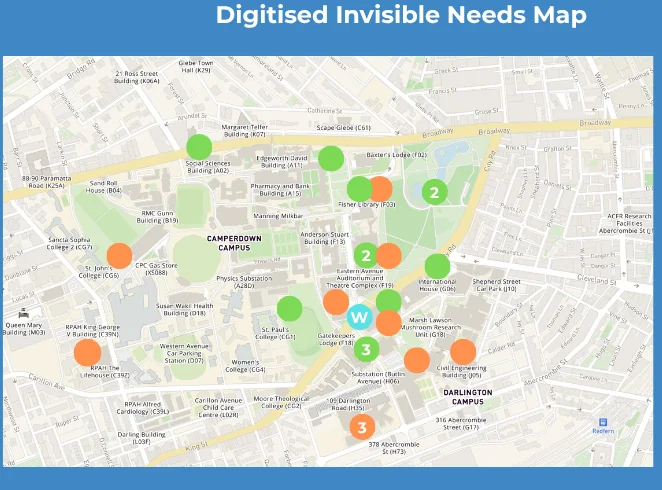 The digitised Invisible Needs Map: a campus map with green and orange markers at sixteen locations, several stacked with counts