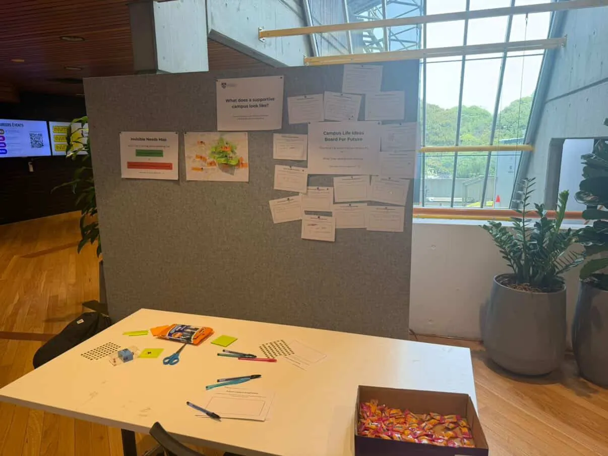 The full pop-up stall: the boards on a partition wall and the materials table in front