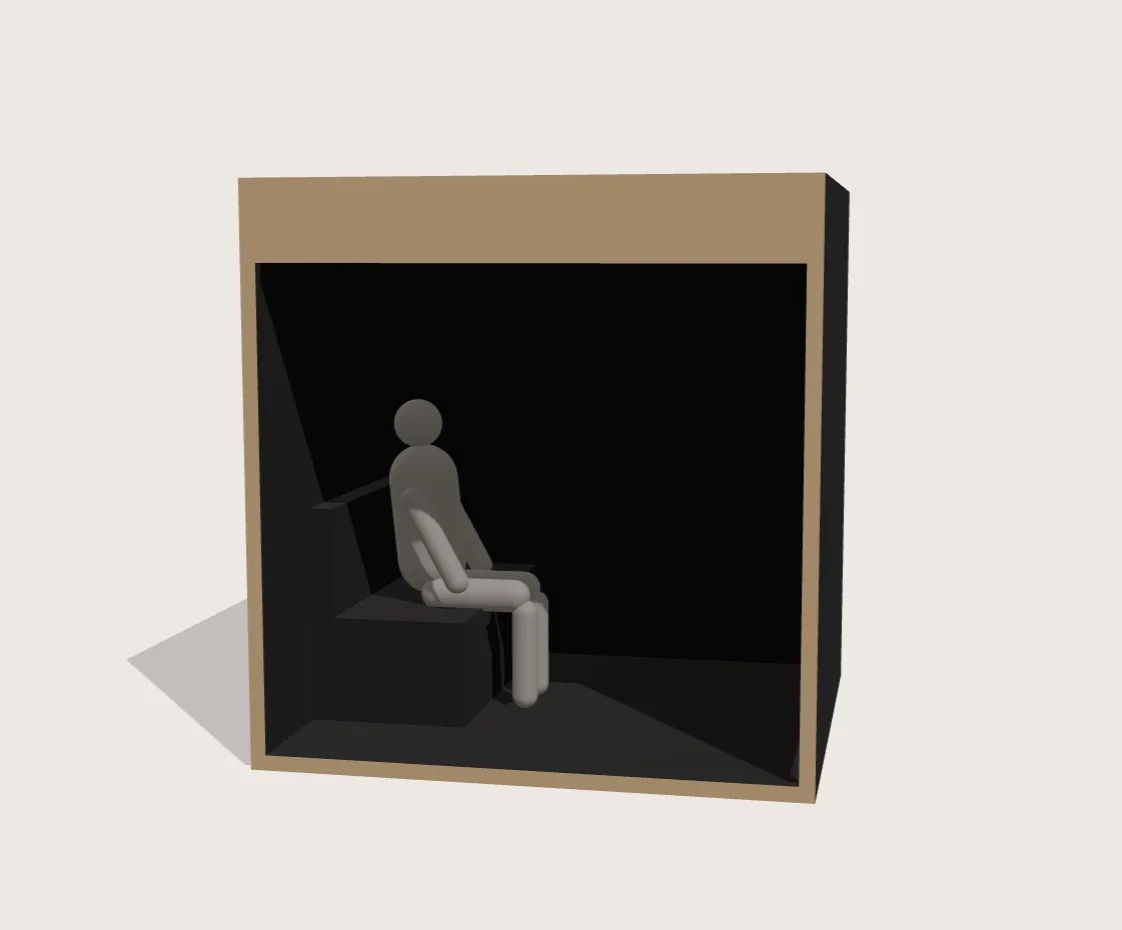 Grey block-out model of the booth, showing proportion and seating position with no materials or detail