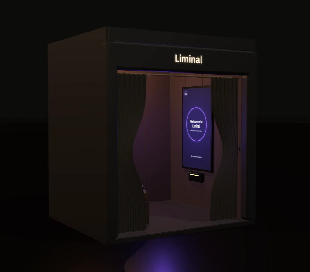 The most resolved concept model, with the welcome screen lit and visible inside the booth