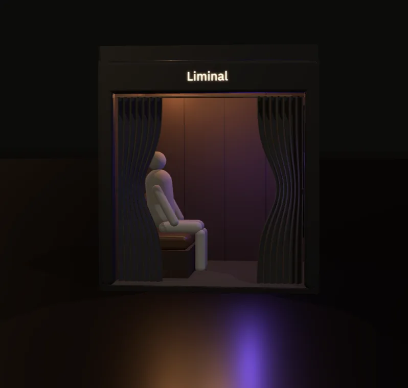 The booth model with curtains, signage and wall panelling added, lit in low warm and purple light