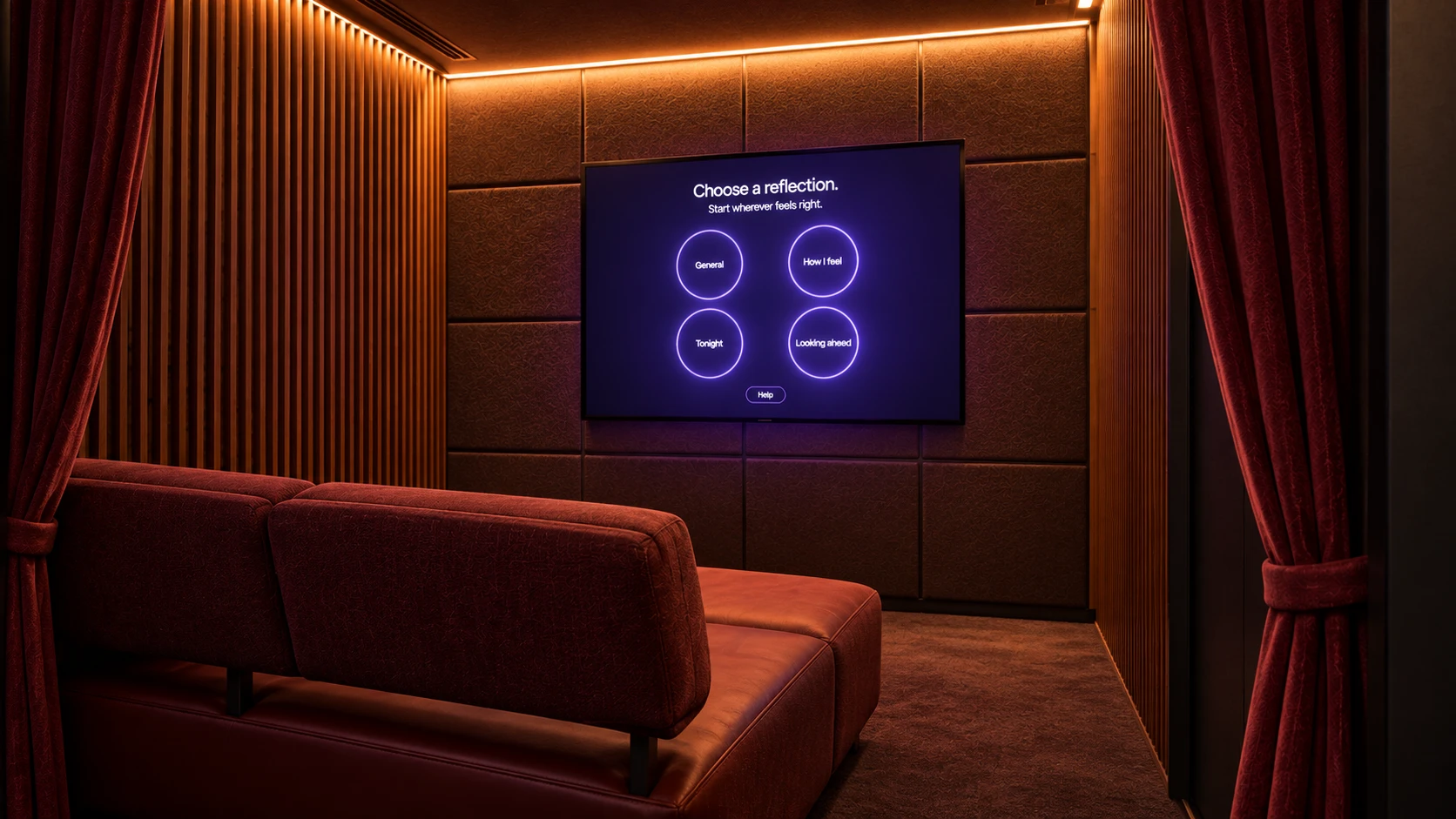 The booth interior with the wall screen showing Choose a reflection and four prompts: General, How I feel, Tonight and Looking ahead