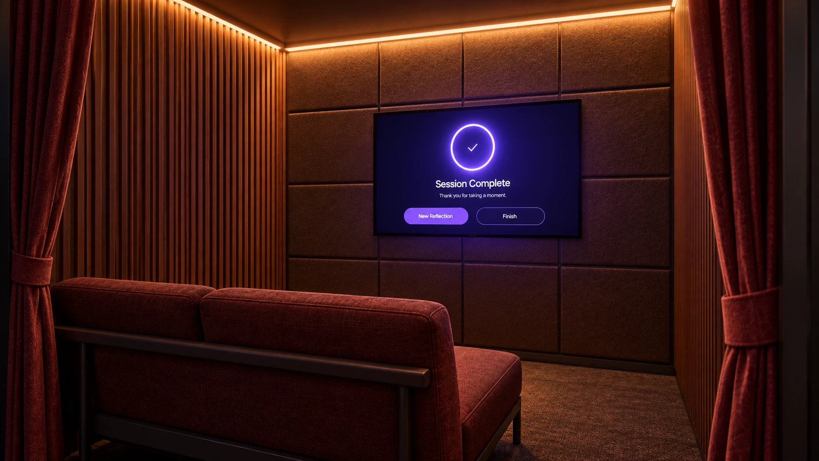 The wall screen showing Session Complete with a tick, a thank-you line and New Reflection and Finish buttons