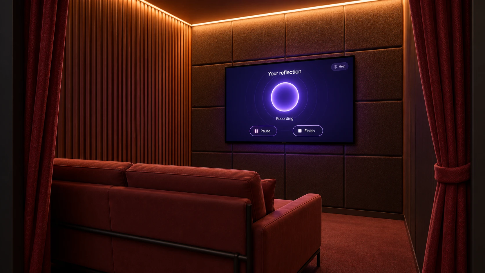 The wall screen showing Your reflection with a glowing circle, the word Recording and Pause and Finish buttons