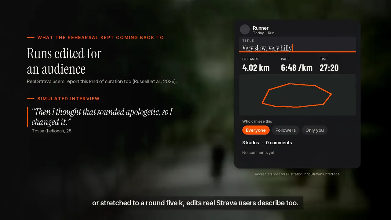 Still from the video titled Runs edited for an audience, beside a recreated Strava post where the title is being retyped