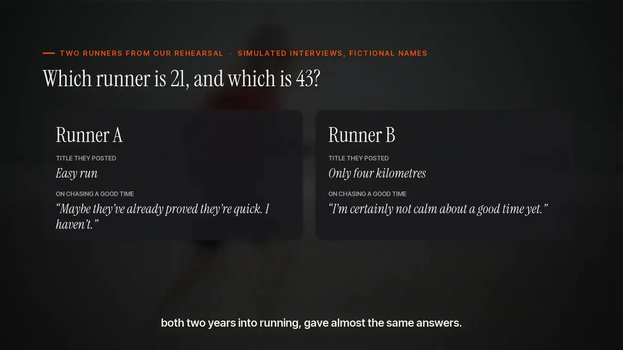 Still from the video asking which runner is 21 and which is 43