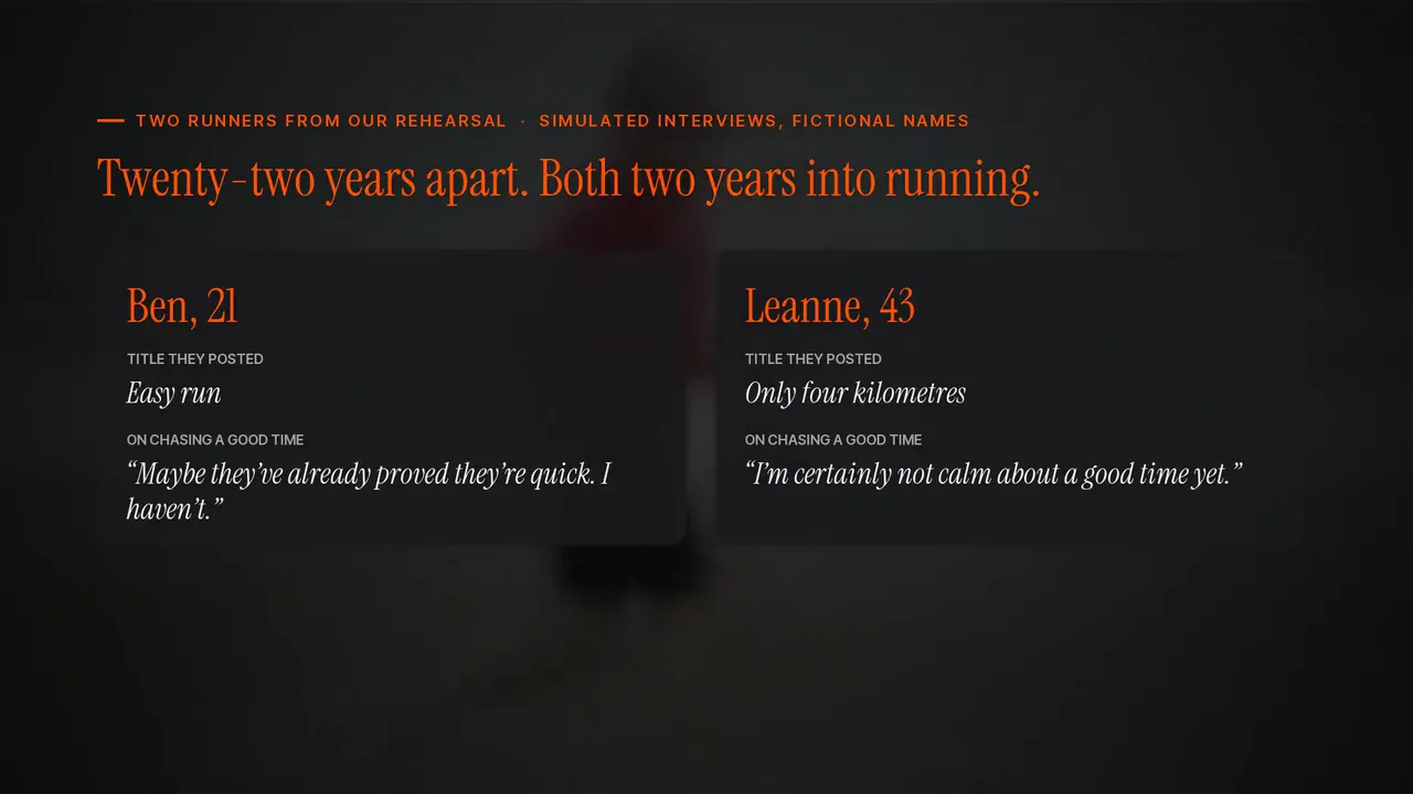 Still from the video revealing the runners: Ben, 21 and Leanne, 43, twenty-two years apart and both two years into running