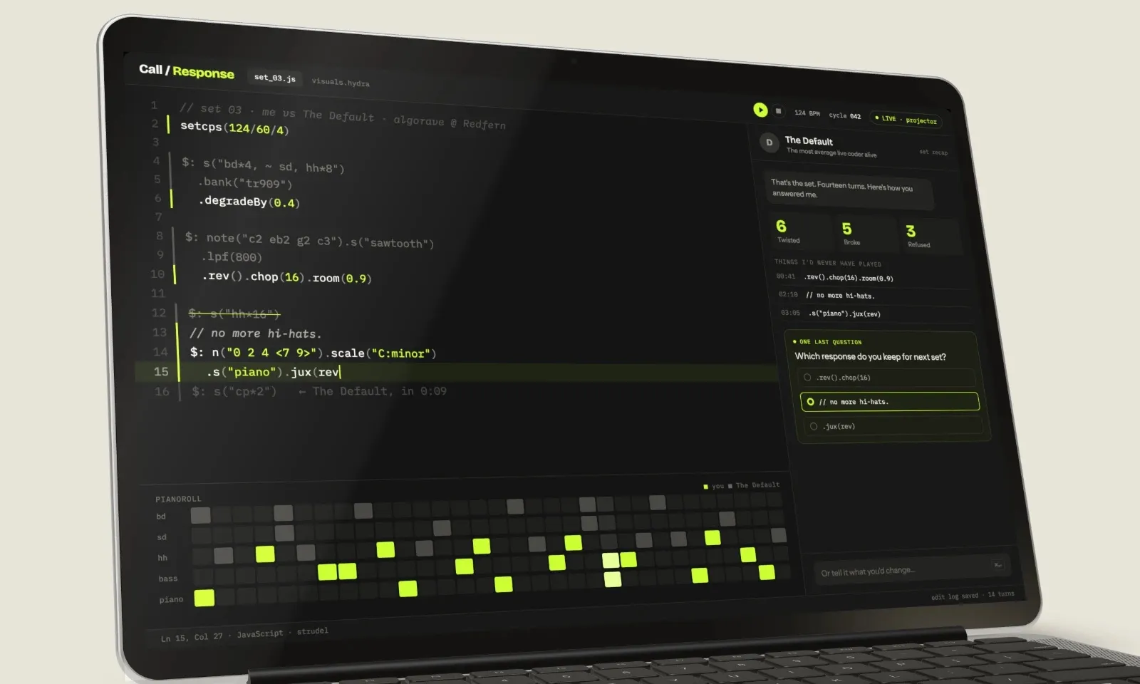 The Default on a laptop: the live-coding editor with the AI bandmate's recap, the critic's last question and the piano roll