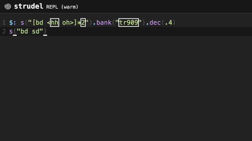My Strudel editor with two lines of live-coding pattern code