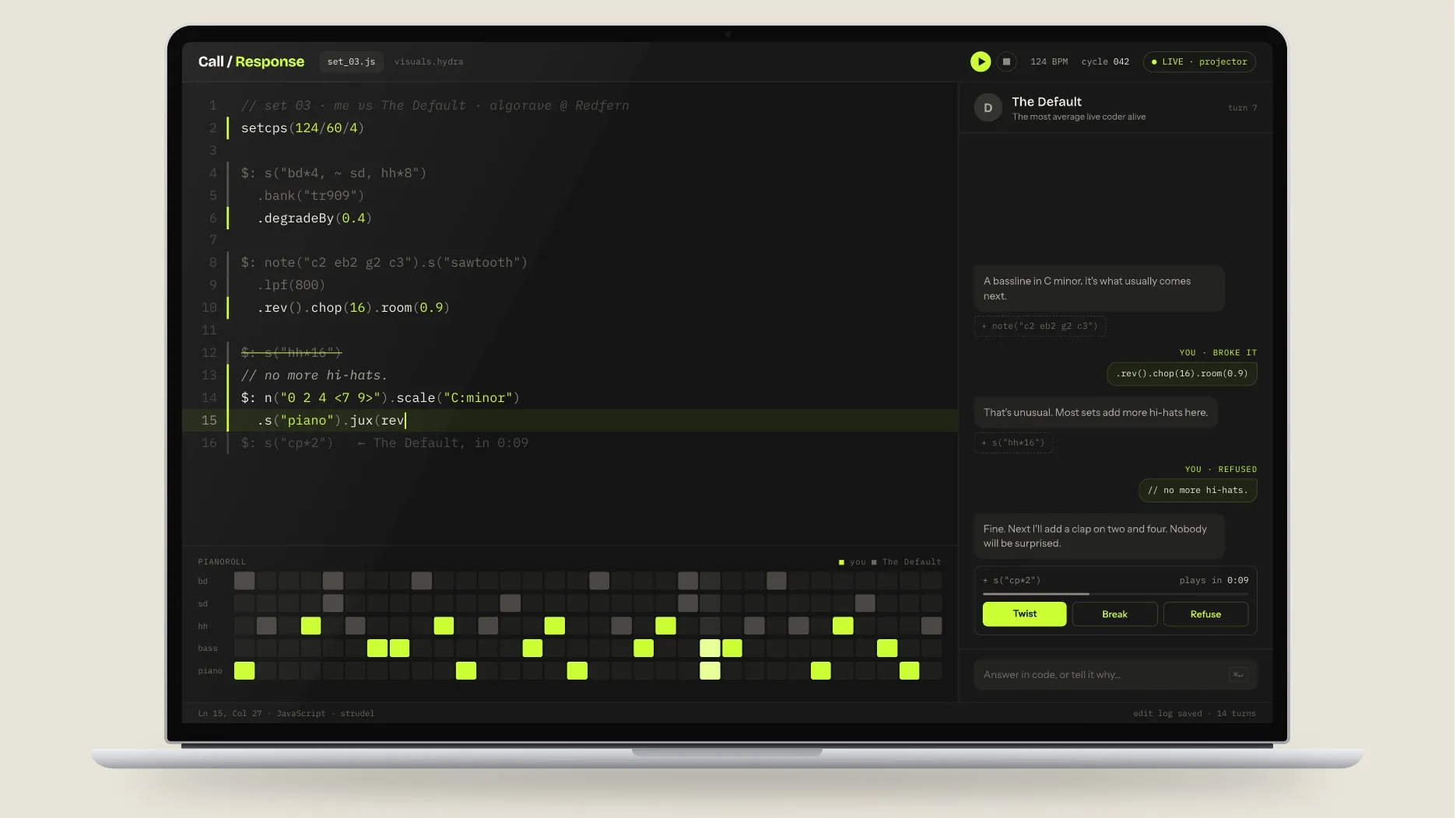 The Default in use: code on the left, the AI bandmate and critic on the right, and the Twist, Break and Refuse buttons