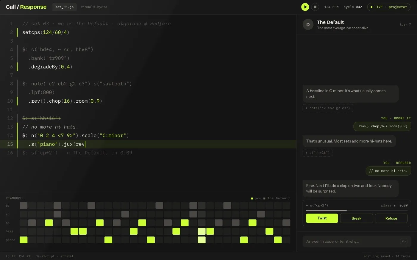 The Default: live-coding code on the left, the AI bandmate and critic on the right with Twist, Break and Refuse buttons